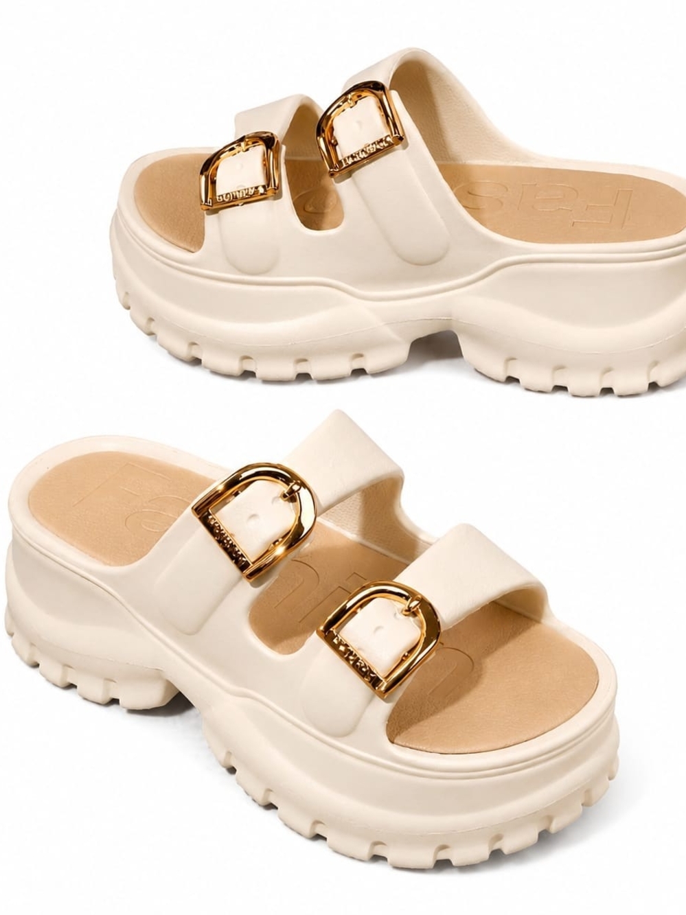 & Other Stories Cream Platform Slide Sandals with Gold Buckles